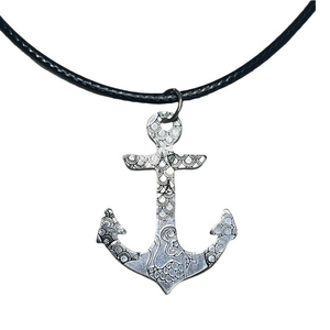 Handmade stamped‎ mermaid silver anchor adjustable Black leather cord necklace